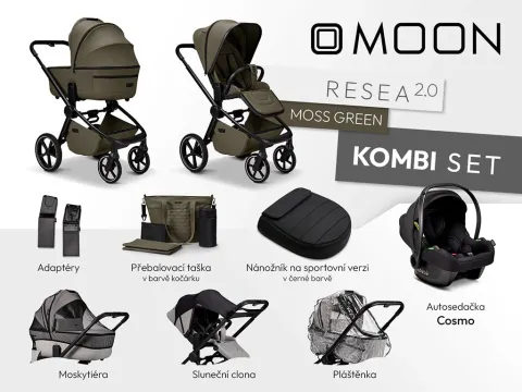Kočárek MOON RESEA 2.0 Kombi set 3v1 - Moss Green 2026